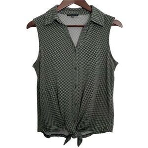 Adrianna Papell S Olive Green Polka Dot Sleeveless Button Front Tie Hem Blouse